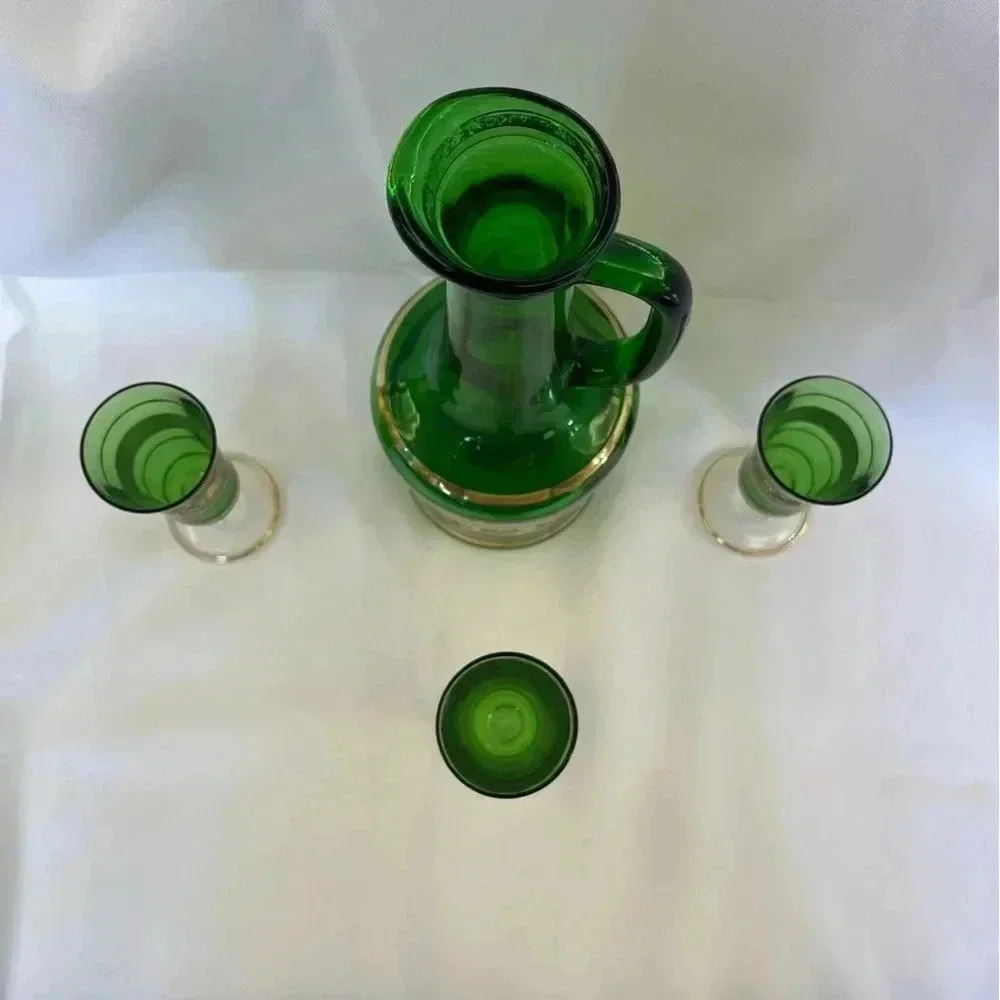 Vintage Green Glass Decanter and 3 Cups - Picture 6 of 6